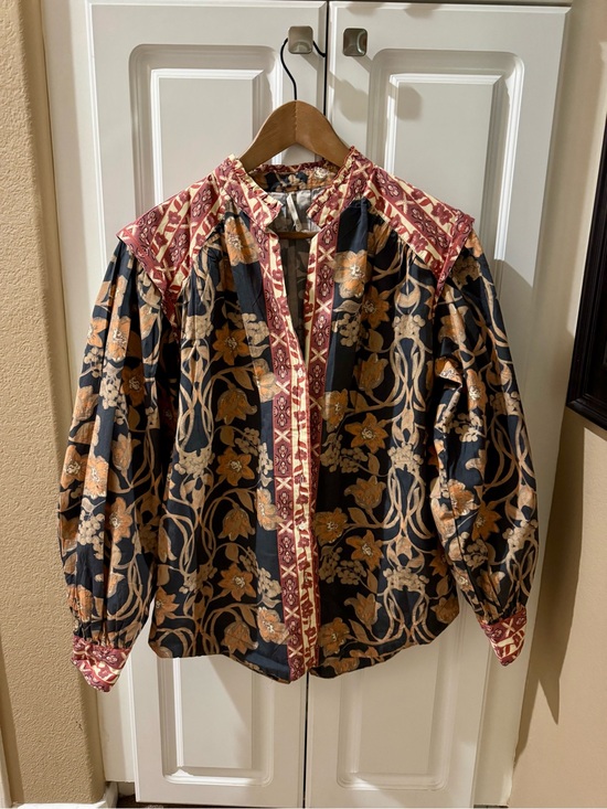 Free People Tops - Free People Black Floral Puff-Sleeve Blouse with Rust Trim
